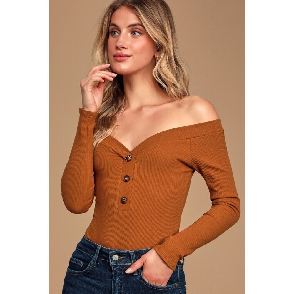 LULUS Lilyth Off The Shoulder Ribbed Bodysuit In Rust Size S - Picture 8 of 13